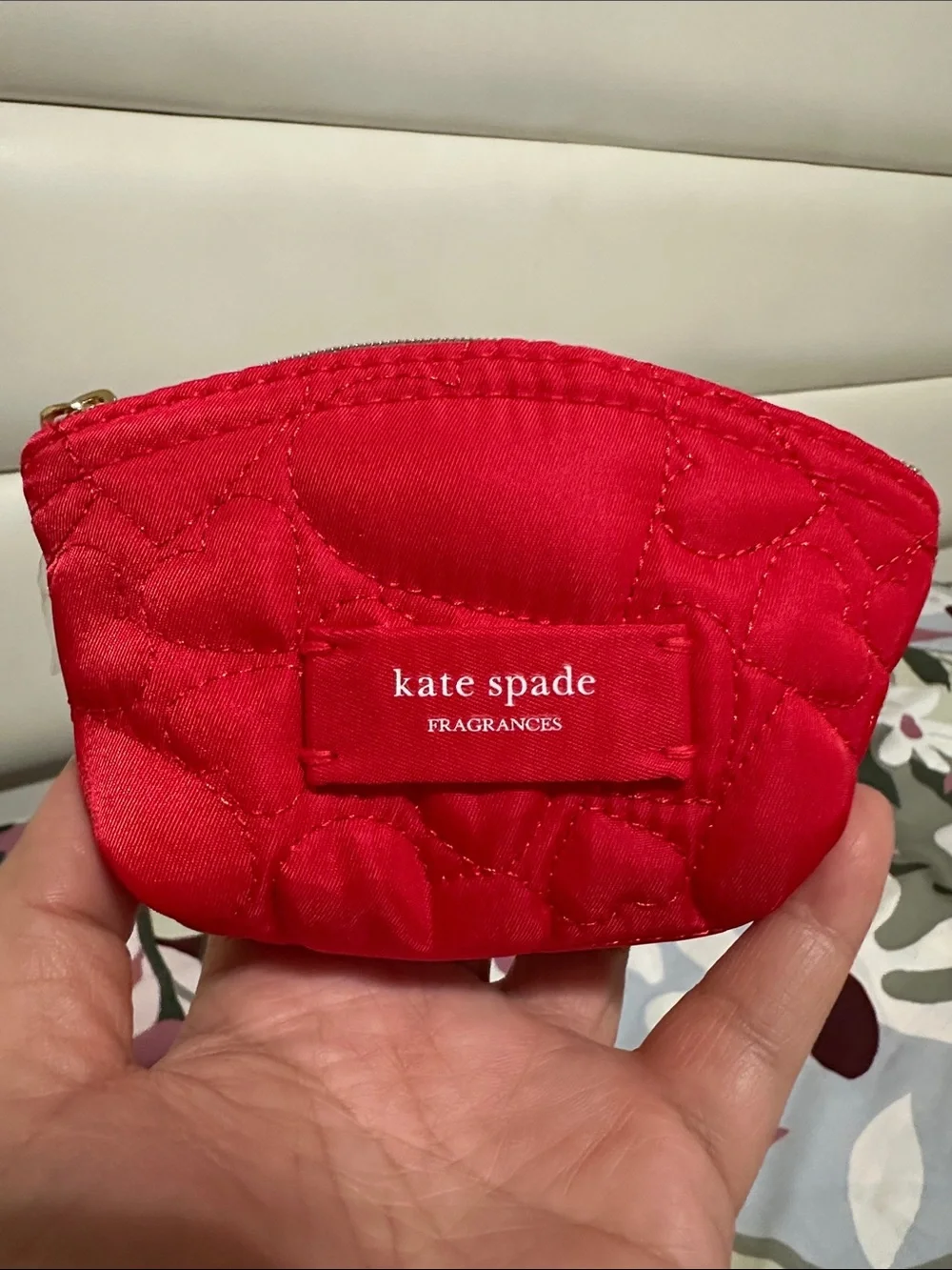 kate spade Red Quilted Cosmetic Pouch/Coin Case with Sample Perfumes